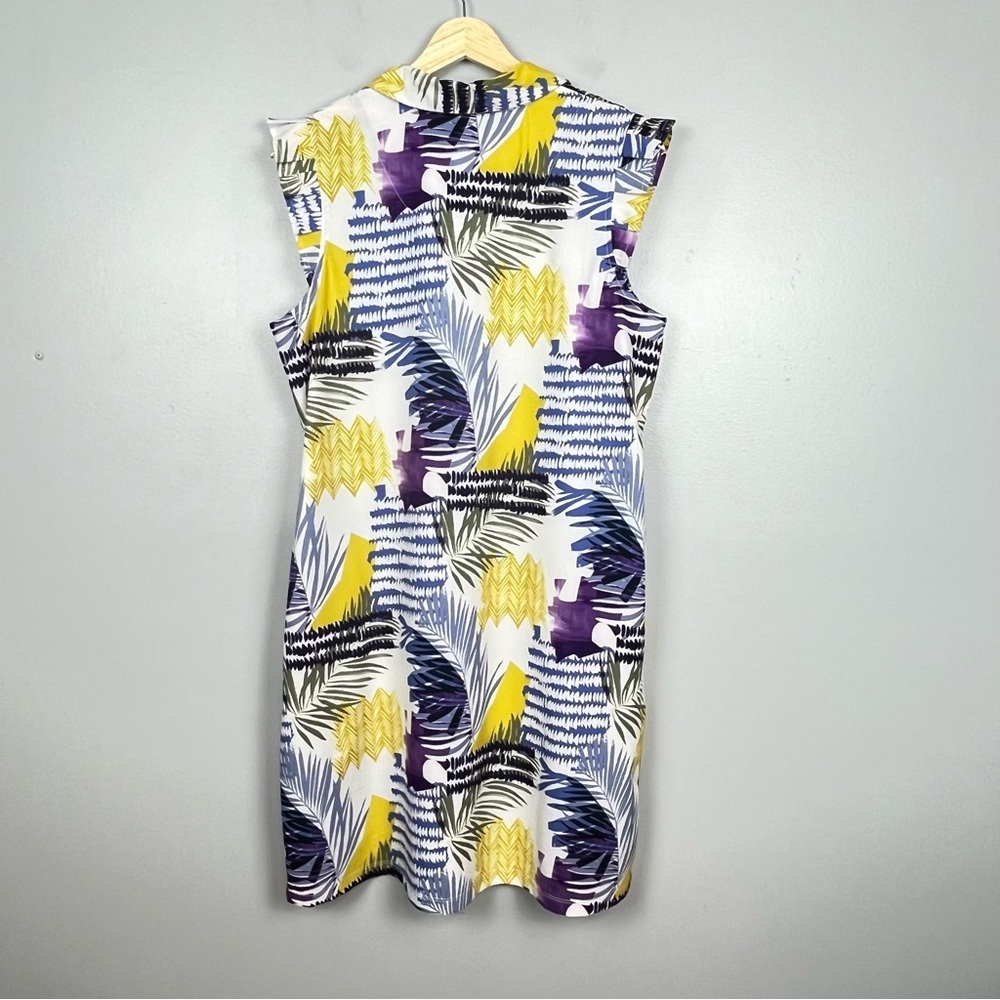 Chico’s blue & yellow ruffle cap sleeve performance material dress, large. - Picture 2 of 8